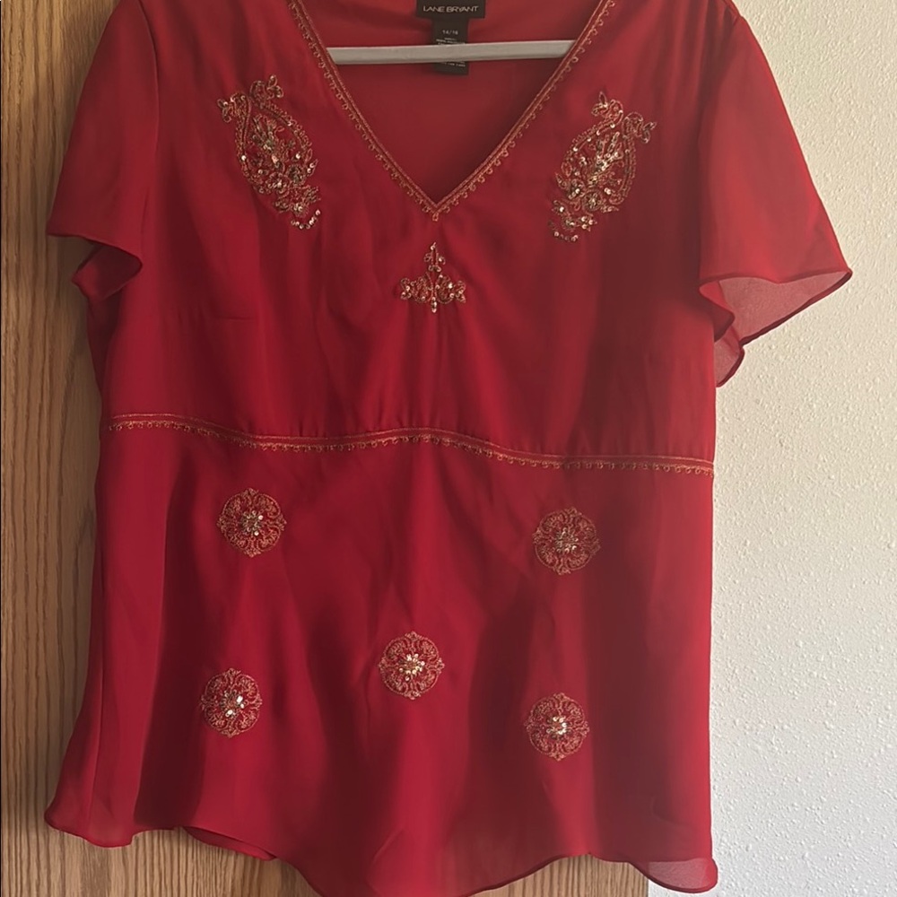 Lane Bryant Red Embellished Short Sleeve Blouse